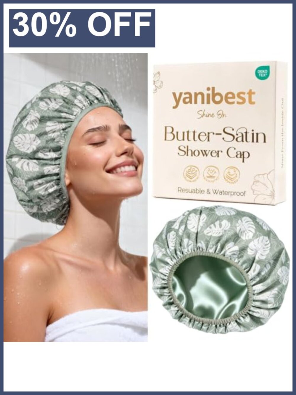 Reusable Waterproof Satin Lined Shower Cap with Elastic Edge